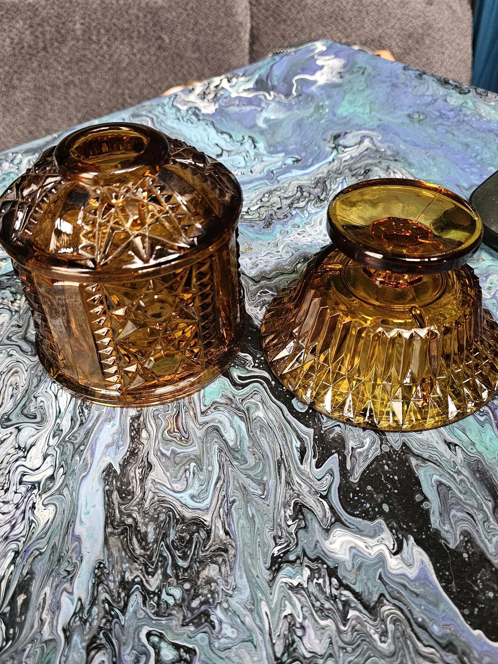 Set Of 2 Vintage Amber Glass Fairy Lamps - Light & Dark - Both Excellent